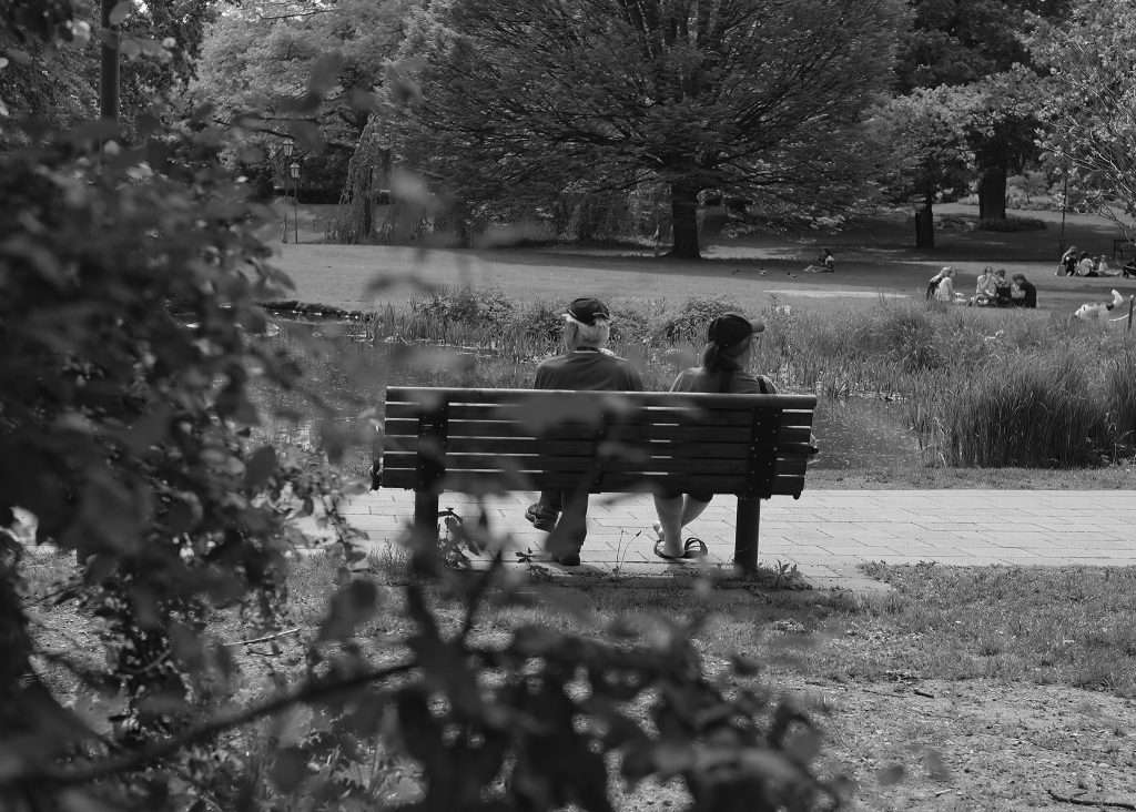 Två personer sitter på en parkbänk med ryggen mot kameran och blickar ut över en damm i en somrig park