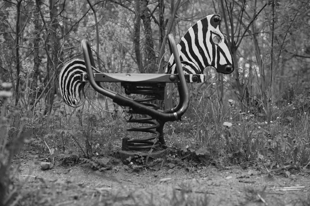 Svartvit bild av en övergiven lekplatsgunga formad som ett zebrahuvud på en stor fjäder, omgiven av ogräs och lövskog.