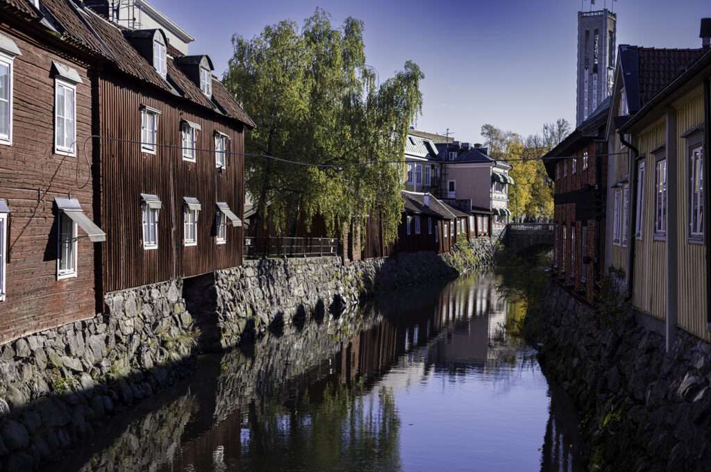 Svartån flyter mellan stenkajer genom Västerås gamla stadsdel. Till vänster står röda timmerhus med vita fönster, till höger ett rött tegelhus och ett gult trähus. En stor björk med gulnande löv lutar över vattnet, och i bakgrunden syns en stenbro och Stadshustornet mot klarblå himmel. Husen och träden speglas i det stilla vattnet.