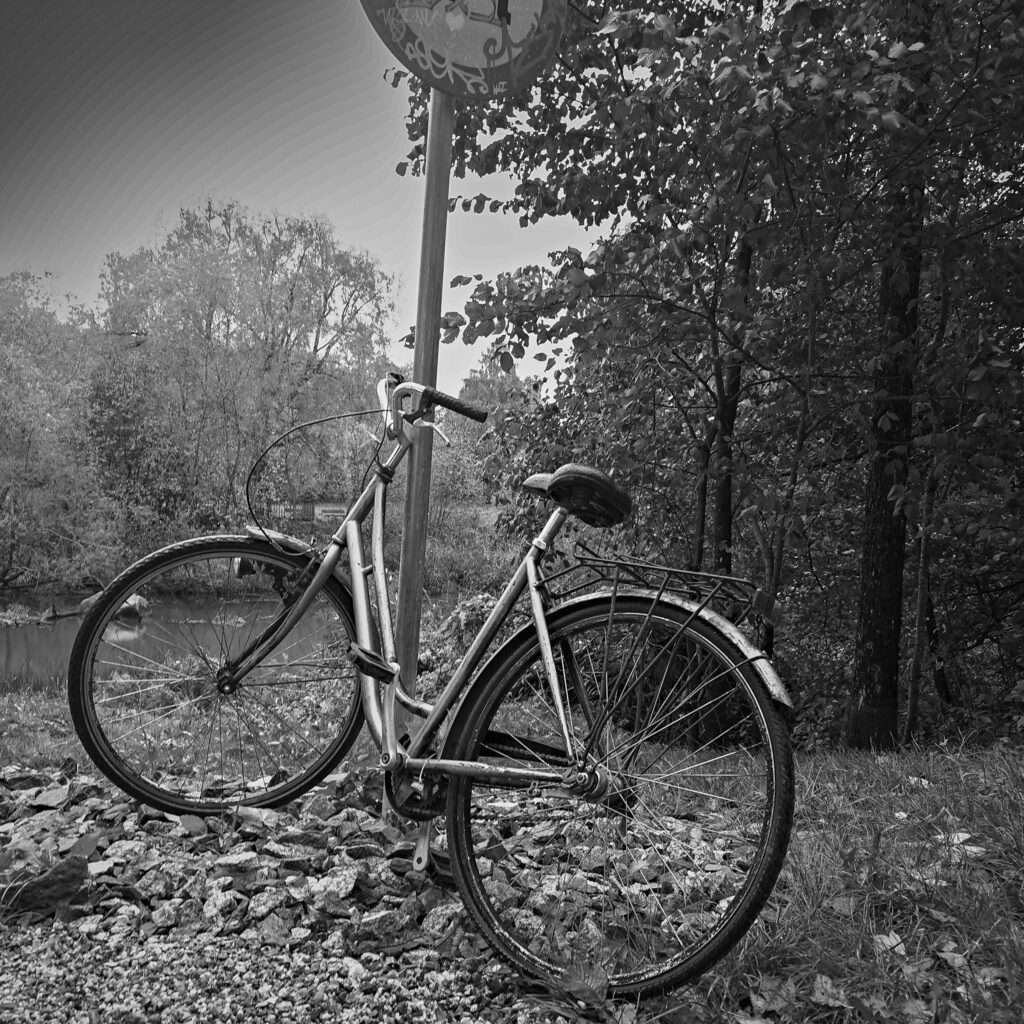 Svartvit bild av en gammal damcykel med pakethållare och sliten sadel, lutad mot en skyltstolpe på en grusig plats. Skylten ovanför är nedklottrad. Bakom cykeln skymtar ån mellan buskar och lövträd, och till höger växer tät skog.